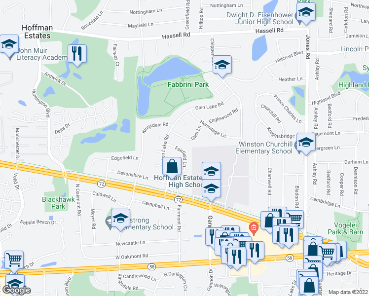 map of restaurants, bars, coffee shops, grocery stores, and more near 1595 Fairfield Lane in Hoffman Estates