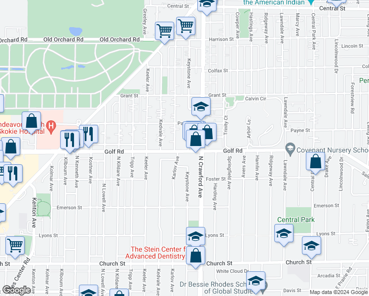 map of restaurants, bars, coffee shops, grocery stores, and more near 9600 Keystone Avenue in Skokie