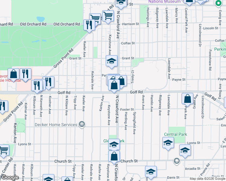 map of restaurants, bars, coffee shops, grocery stores, and more near 4012 Golf Road in Skokie