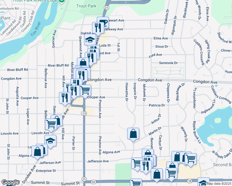 map of restaurants, bars, coffee shops, grocery stores, and more near 1028 Polly Court in Elgin