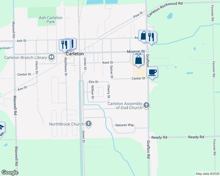 map of restaurants, bars, coffee shops, grocery stores, and more near 12368 Cherry Street in Carleton