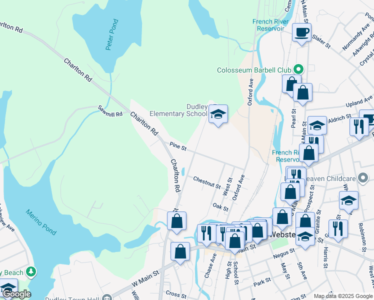 map of restaurants, bars, coffee shops, grocery stores, and more near 29 Pine Street in Dudley