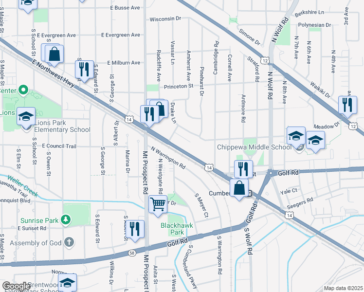 map of restaurants, bars, coffee shops, grocery stores, and more near 160 U.S. 14 in Des Plaines
