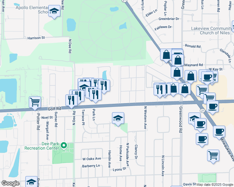 map of restaurants, bars, coffee shops, grocery stores, and more near 9618 Golf Terrace in Des Plaines