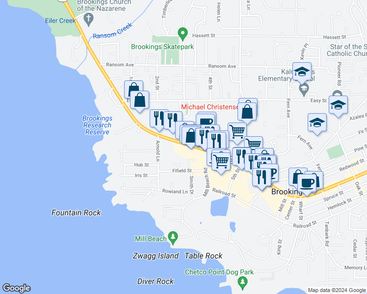 map of restaurants, bars, coffee shops, grocery stores, and more near 1107 Chetco Ave in Brookings