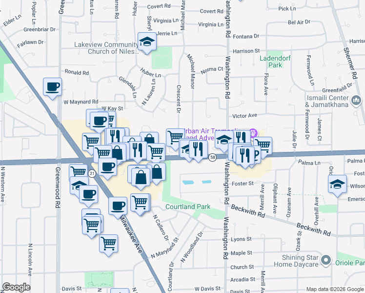 map of restaurants, bars, coffee shops, grocery stores, and more near 24 Crescent Drive in Glenview