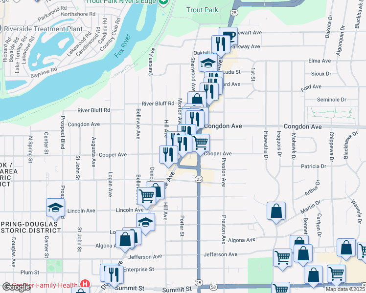 map of restaurants, bars, coffee shops, grocery stores, and more near 1000 Dundee Avenue in Elgin