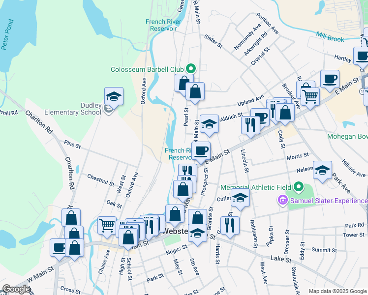 map of restaurants, bars, coffee shops, grocery stores, and more near 9 Church Court in Webster