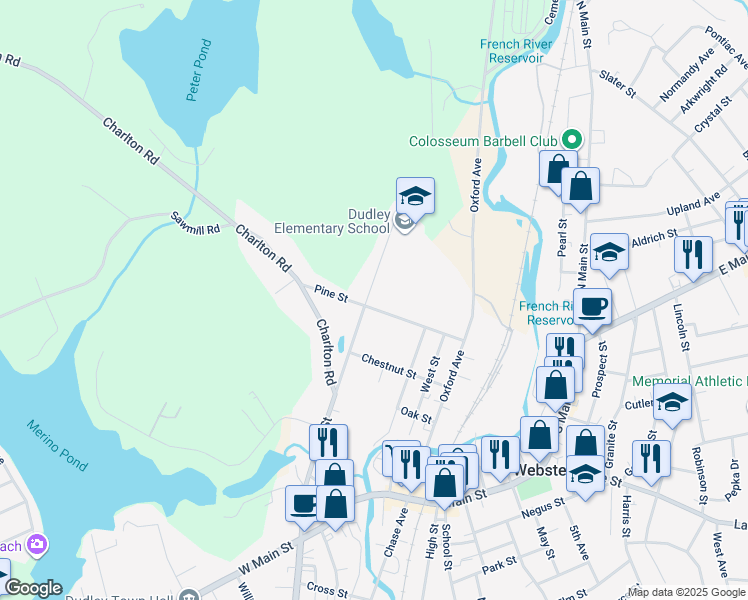 map of restaurants, bars, coffee shops, grocery stores, and more near 28 Pine Street in Dudley