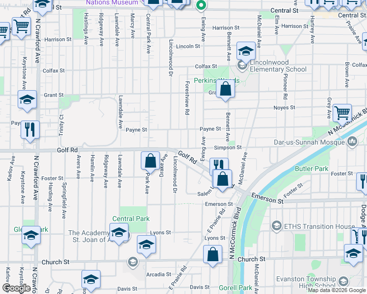 map of restaurants, bars, coffee shops, grocery stores, and more near 2103 Forestview Road in Evanston