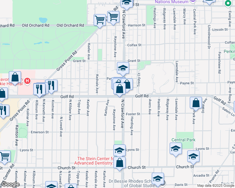 map of restaurants, bars, coffee shops, grocery stores, and more near 9600 Keystone Avenue in Skokie