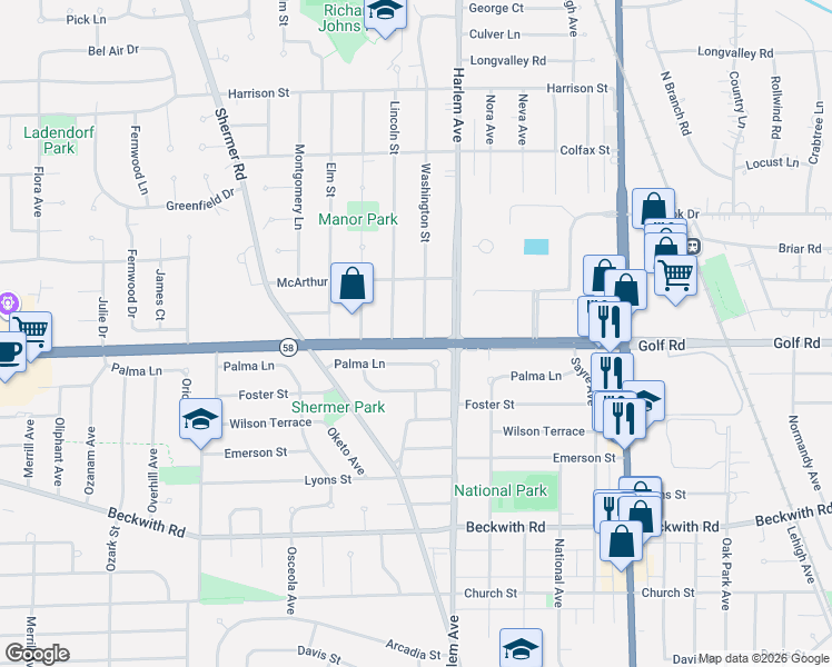 map of restaurants, bars, coffee shops, grocery stores, and more near 1 Washington Street in Glenview