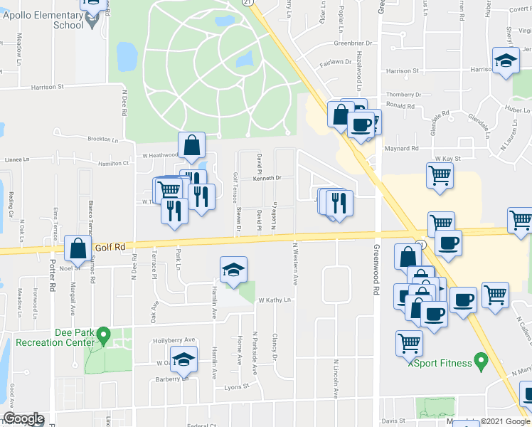 map of restaurants, bars, coffee shops, grocery stores, and more near 8892 Jody Lane in Des Plaines
