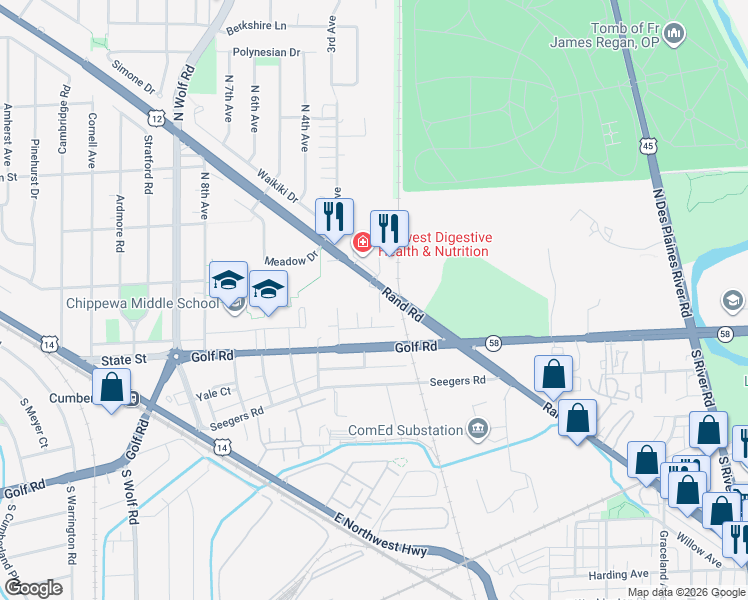 map of restaurants, bars, coffee shops, grocery stores, and more near 965 Rand Road in Des Plaines