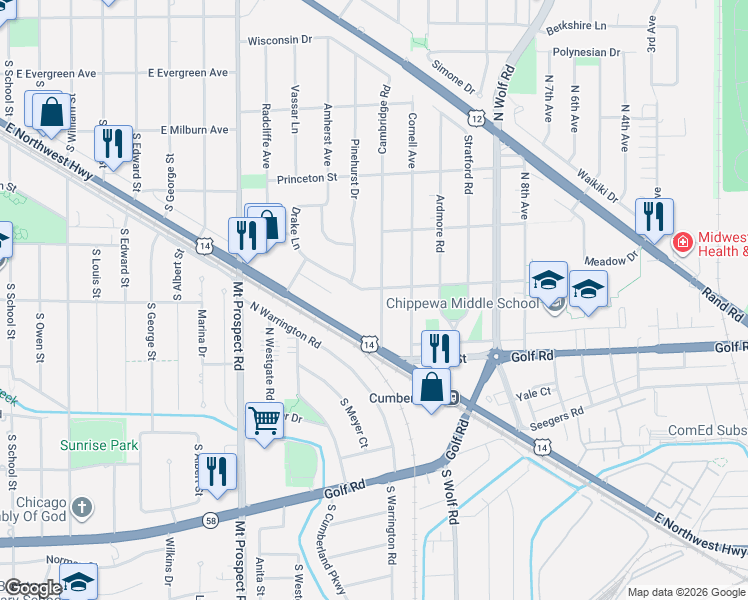map of restaurants, bars, coffee shops, grocery stores, and more near 185 Cambridge Road in Des Plaines