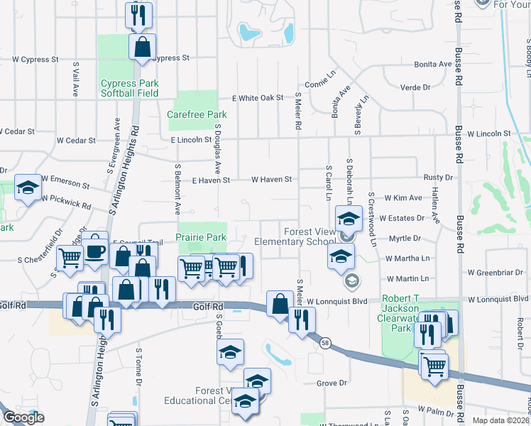 map of restaurants, bars, coffee shops, grocery stores, and more near 2114 West Lawrence Lane in Mount Prospect