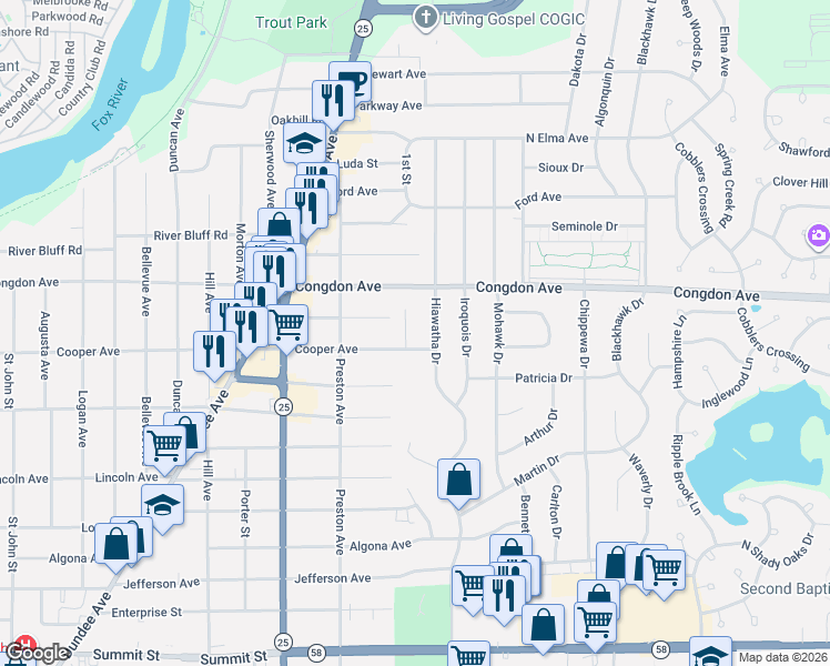 map of restaurants, bars, coffee shops, grocery stores, and more near 1028 Polly Court in Elgin
