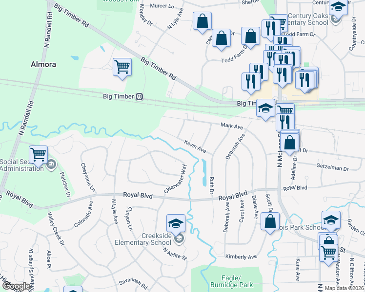 map of restaurants, bars, coffee shops, grocery stores, and more near 1895 Kevin Avenue in Elgin
