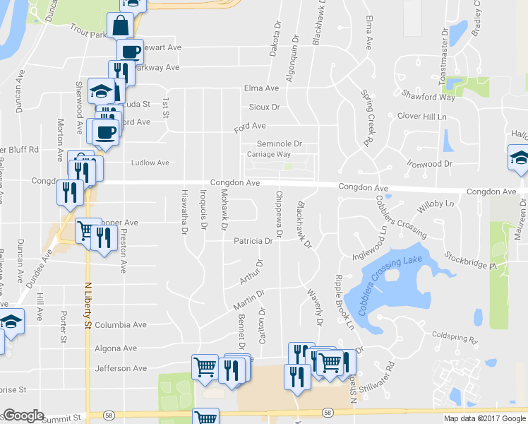 map of restaurants, bars, coffee shops, grocery stores, and more near 20 Green Ridge Road in Elgin
