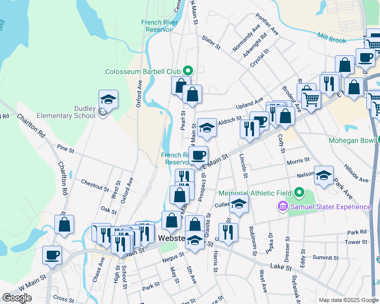 map of restaurants, bars, coffee shops, grocery stores, and more near 27 North Main Street in Webster