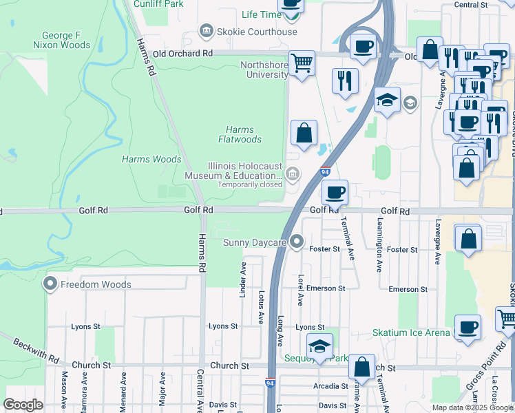 map of restaurants, bars, coffee shops, grocery stores, and more near 9650 Woods Drive in Skokie