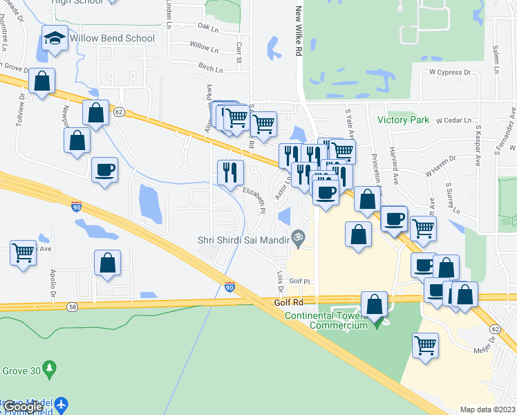 map of restaurants, bars, coffee shops, grocery stores, and more near 5517 Elizabeth Place in Rolling Meadows