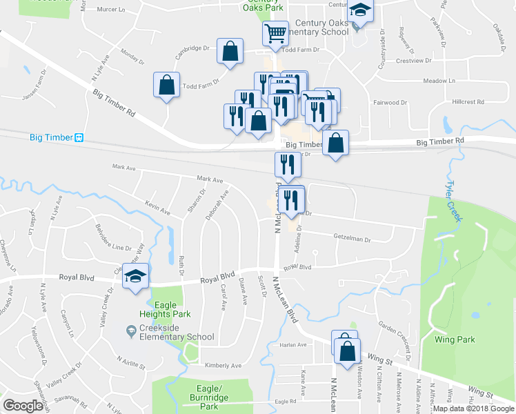 map of restaurants, bars, coffee shops, grocery stores, and more near 1560 Mark Avenue in Elgin
