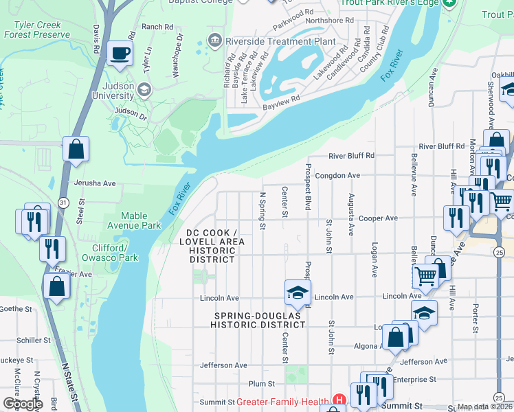 map of restaurants, bars, coffee shops, grocery stores, and more near 1020 North Spring Street in Elgin
