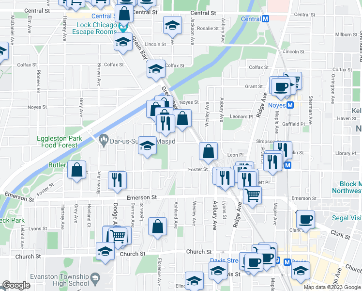 map of restaurants, bars, coffee shops, grocery stores, and more near 1470 Simpson Street in Evanston