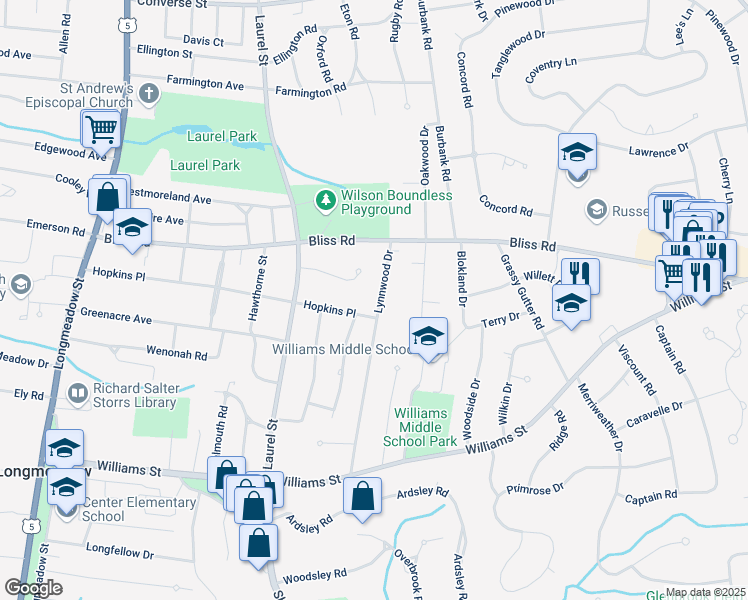 map of restaurants, bars, coffee shops, grocery stores, and more near 68 Lynnwood Drive in Longmeadow