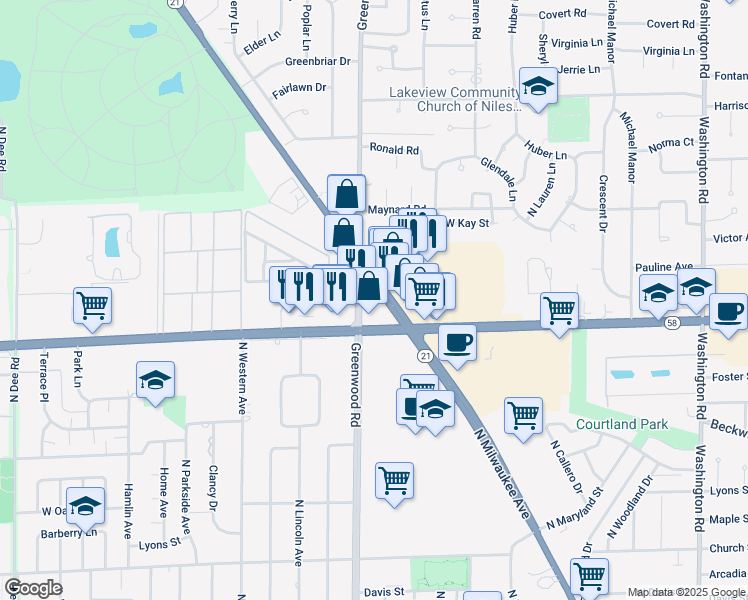 map of restaurants, bars, coffee shops, grocery stores, and more near 9640 Illinois 21 in Niles