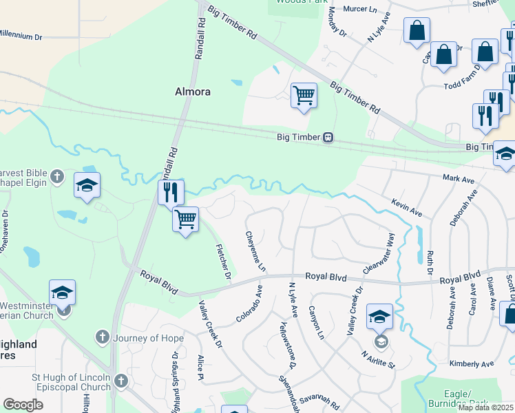 map of restaurants, bars, coffee shops, grocery stores, and more near 2220 Toftrees Trail in Elgin