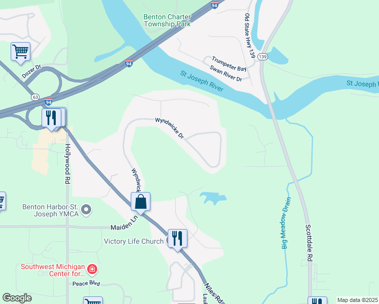 map of restaurants, bars, coffee shops, grocery stores, and more near 3141 Wyndwicke Drive in St. Joseph
