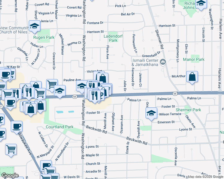 map of restaurants, bars, coffee shops, grocery stores, and more near 2580 Illinois 58 in Morton Grove