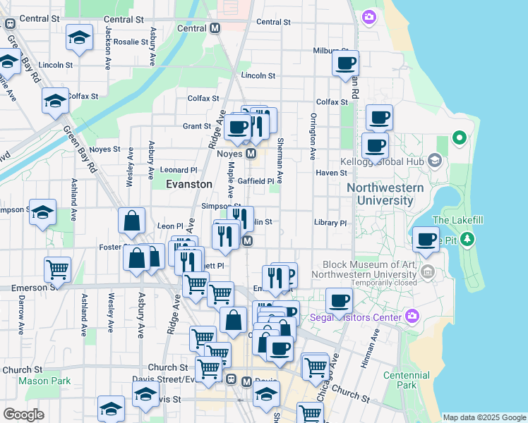 map of restaurants, bars, coffee shops, grocery stores, and more near 810 Simpson Street in Evanston