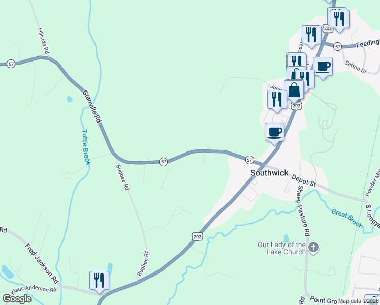 map of restaurants, bars, coffee shops, grocery stores, and more near 34 Granville Rd in Southwick