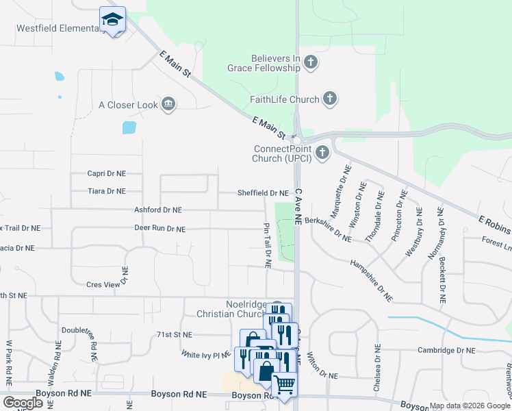 map of restaurants, bars, coffee shops, grocery stores, and more near 506 Ashford Drive Northeast in Cedar Rapids