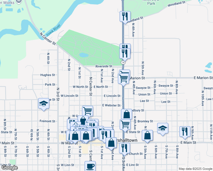 map of restaurants, bars, coffee shops, grocery stores, and more near 100-198 E North St in Marshalltown