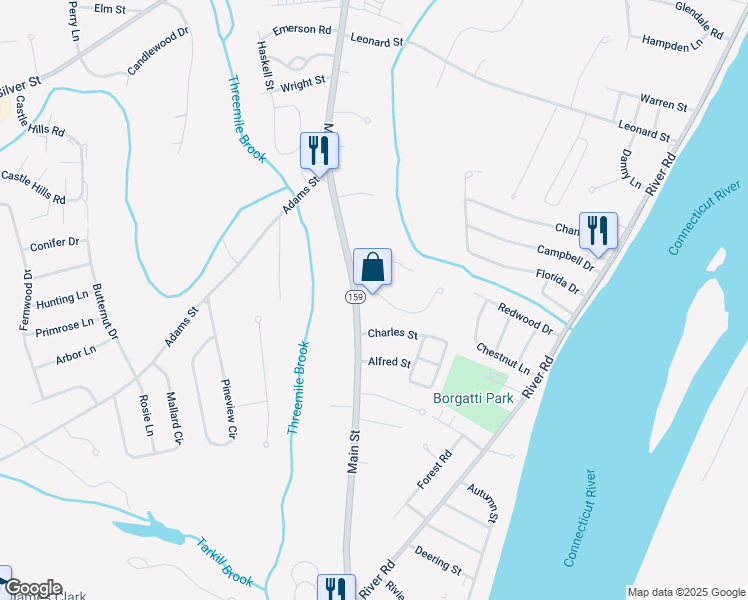 map of restaurants, bars, coffee shops, grocery stores, and more near 18 Forest Ridge Lane in Agawam