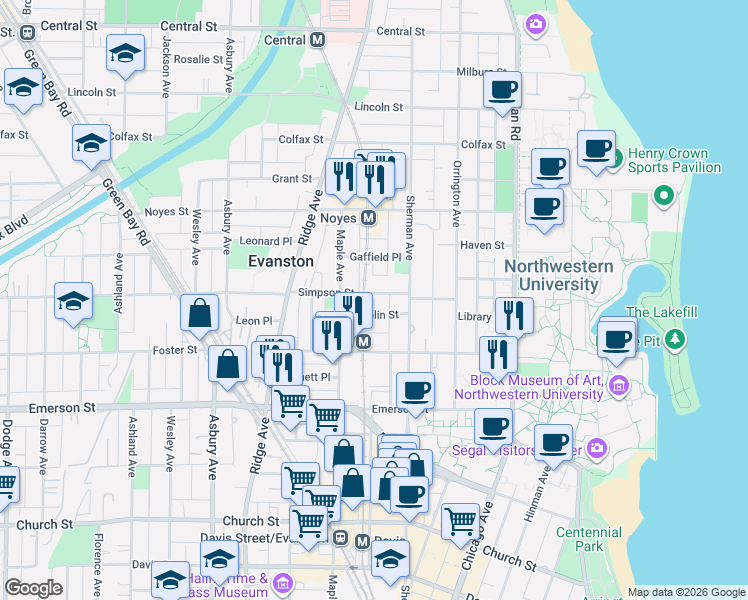 map of restaurants, bars, coffee shops, grocery stores, and more near 810 Simpson Street in Evanston