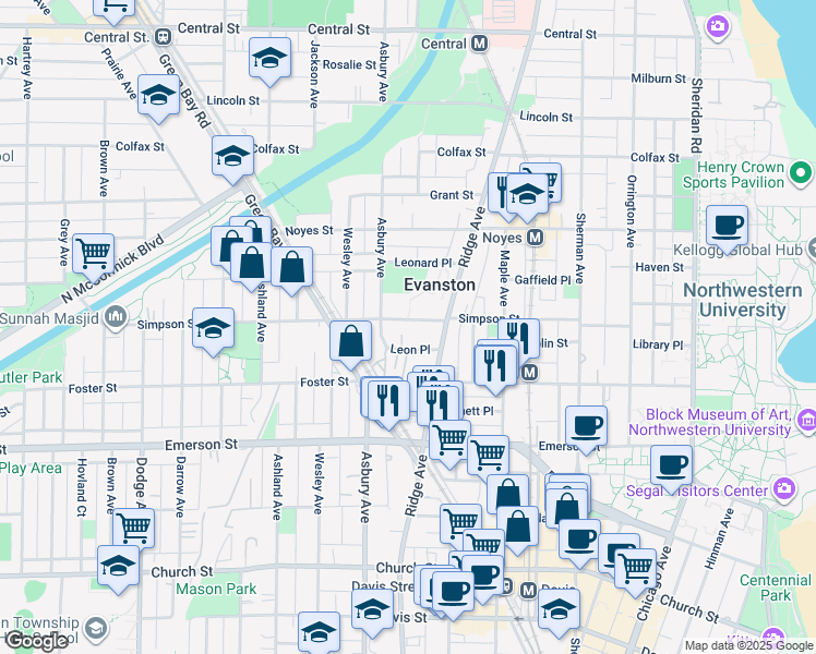 map of restaurants, bars, coffee shops, grocery stores, and more near 1226 Simpson Street in Evanston
