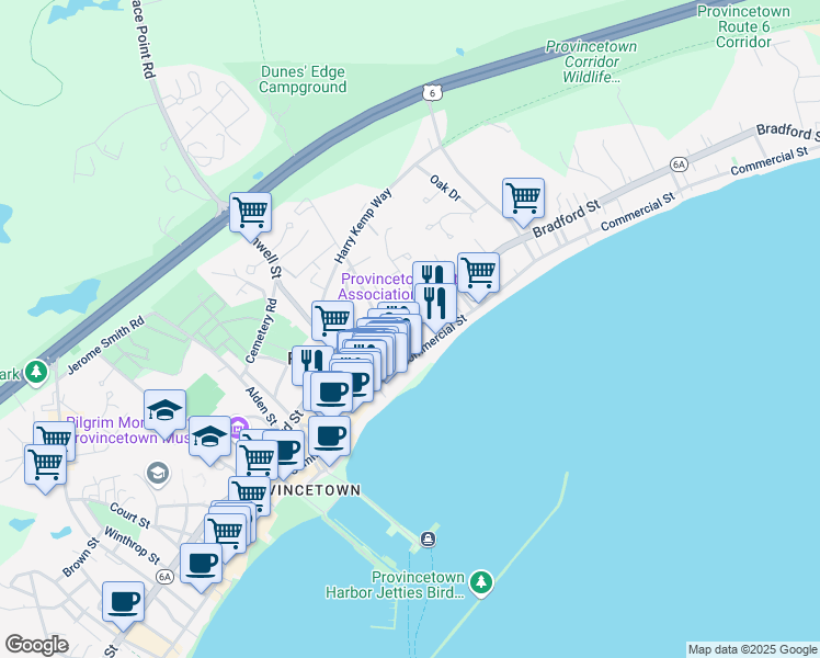 map of restaurants, bars, coffee shops, grocery stores, and more near 418R Commercial St in Provincetown