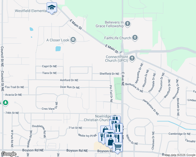 map of restaurants, bars, coffee shops, grocery stores, and more near 610 Ashford Drive Northeast in Cedar Rapids