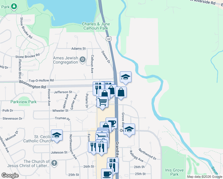 map of restaurants, bars, coffee shops, grocery stores, and more near 3406 Orion Drive in Ames