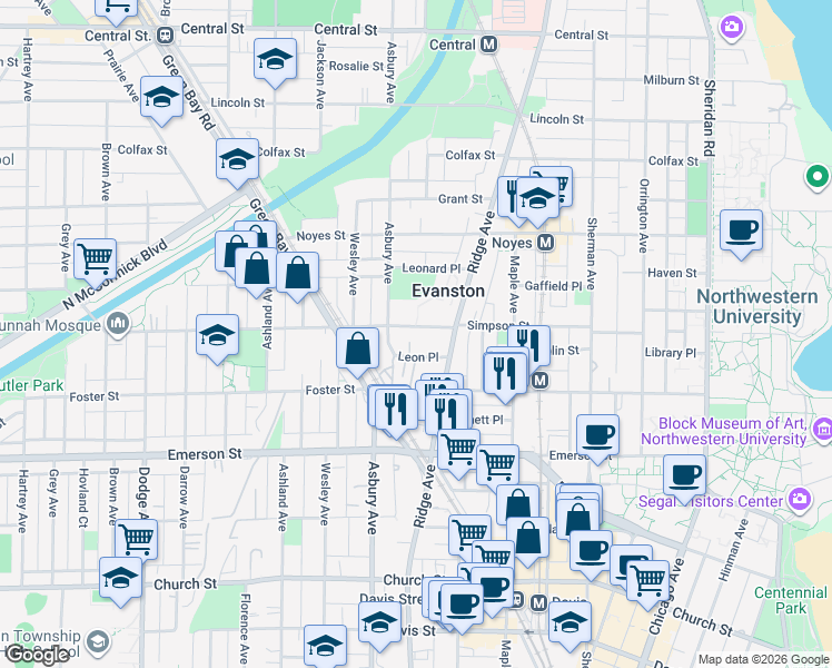 map of restaurants, bars, coffee shops, grocery stores, and more near 1226 Simpson Street in Evanston