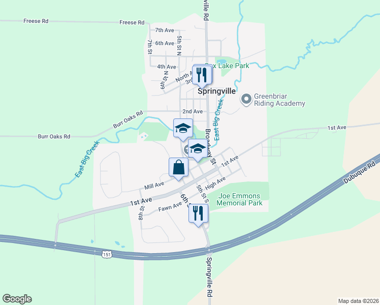 map of restaurants, bars, coffee shops, grocery stores, and more near 400 Academy Street in Springville