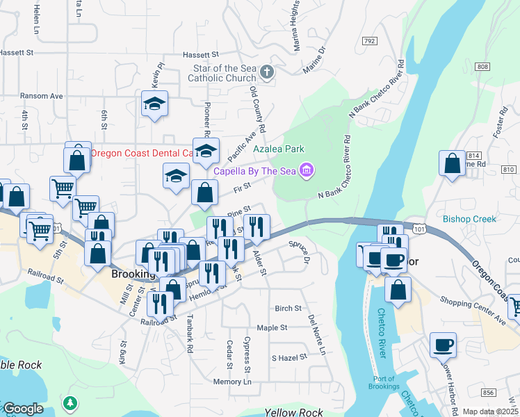 map of restaurants, bars, coffee shops, grocery stores, and more near 421 Pine Street in Brookings
