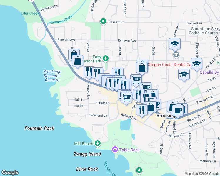 map of restaurants, bars, coffee shops, grocery stores, and more near 1107 Chetco Avenue in Brookings