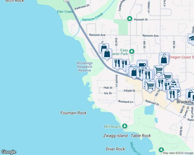 map of restaurants, bars, coffee shops, grocery stores, and more near 1305 Moore Street in Brookings