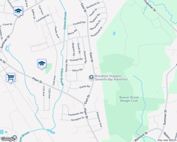 map of restaurants, bars, coffee shops, grocery stores, and more near 649 East Street in Brockton